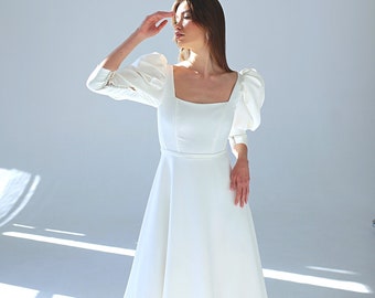 Aline wedding dress, Crepe wedding dress long sleeve, Winter minimalist wedding dress, Simple wedding dress, Square neck boho bridal dress