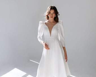 Simple midi wedding dress, Crepe wedding dress, Long sleeve wedding dress, Civil wedding dress, Casual wedding dress, Cocktail dress white