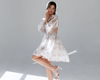 Sexy open back cocktail dress, floral bridesmaid dress short, sweetheart dress long sleeves with flowers, wedding guest dress