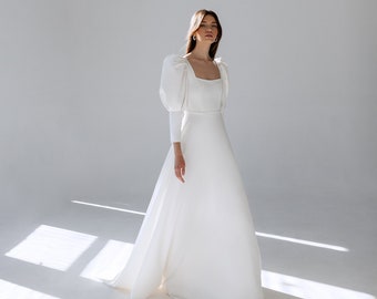 Modest wedding dress, Winter wedding dress, Long sleeve wedding dress, Crepe wedding dress, A-line wedding dress, Square neckline dress