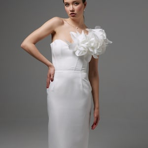 Mini satin wedding dress, Short white one shoulder dress, Reception dress, Courthouse dress, Elopement dress Undina