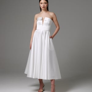 Vestido de novia para escapada, Vestido de novia midi, Vestido de novia de satén corte A, Vestido de novia civil, Vestido blanco informal Angelina