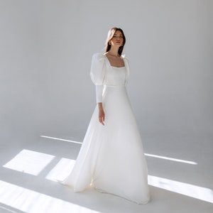 Modest wedding dress, Winter wedding dress, Long sleeve wedding dress, Crepe wedding dress, A-line wedding dress, Square neckline dress