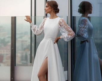 Modest Wedding Dress, Boho Floral Lace Sleeves, Simple Bridal Gown, Long Sequin Bishop Sleeves