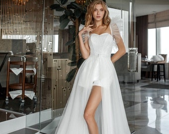 White Sparkly Wedding Jumpsuit, Glitter Bridal Shorts and Corset Top, Detachable Train - Garden, Party