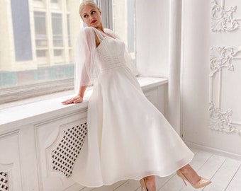 Short wedding dress with glitter print and organza skirt | Midi wedding dress boho | Tea length A-line wedding dress tulle sleeves