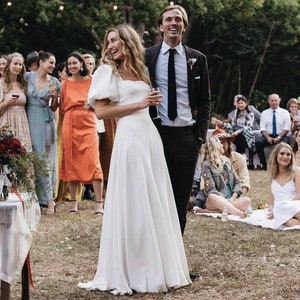 Square Neck A-line Modest Wedding Dress, Open Back Wedding Dress, Crepe Wedding Dress With Puffy Sleeves, Minimalist Dress Juliet
