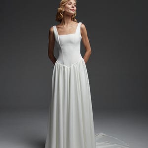 Modern wedding dress with drop waist, Minimalist crepe A-line wedding dress, Open back square neck wedding dress, Simple wedding dress