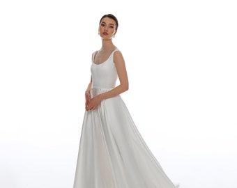 Ivory Satin Wedding Dress, Square Neck A-Line Bridal Gown, Chapel Train, Clean Lines