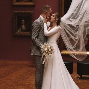 Minimalist Long sleeve wedding dress, Open back Crepe A-line wedding dress, Simple wedding dress Anna