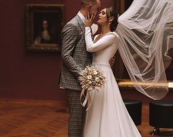 Simple Long sleeve Wedding Dress, Deep V Neck Open Back Crepe A-line Bridal Gown