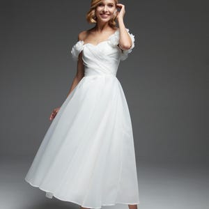 Tea length wedding dress, Civil wedding dress, Elopement dress, White midi organza wedding dress, Off-the-shoulder dress Anita
