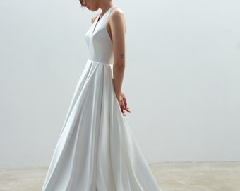 Modern wedding dress with open back, Satin v shape wedding dress with button up, Minimalist simple wedding dress Nora