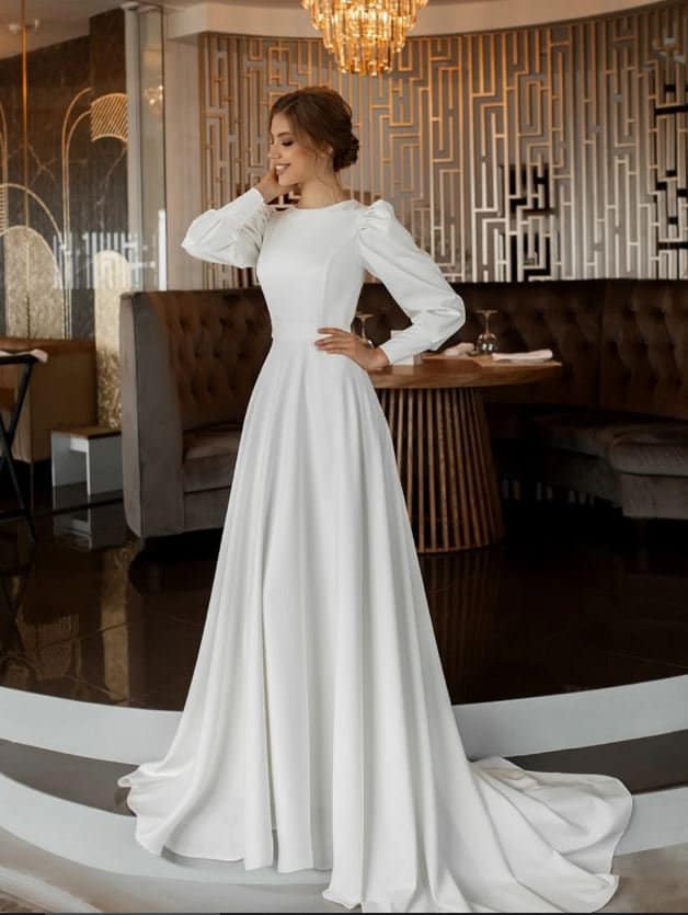 Modest wedding dress size US20/ EU52/ UK24, Ready To Ship, White wedding dress boho puffy sleeves, Simple bridal gown plus size minimalist