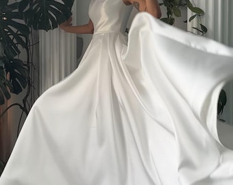 Vestido de novia modesto con hombros descubiertos, elegante vestido de baile nupcial de seda mikado, minimalista, hecho a medida.