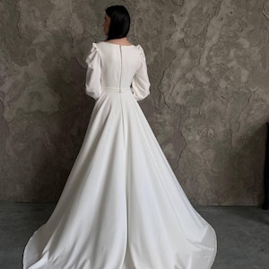 Modest wedding dress with long puffy sleeves, Simple A-line bridal gown, Minimalist wedding dress, Winter wedding dress Debora