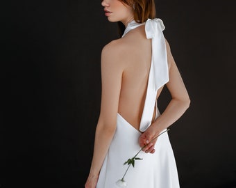 Sexy wedding dress, Open back wedding dress, Midi satin wedding dress, Aline wedding dress, Halter neckline cocktail dress white