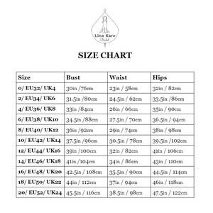 Puede incluir: Tabla de tallas para un vestido con medidas en pulgadas y cent&iacute;metros. La tabla enumera las tallas de 0/EU32/UK4 a 20/EU52/UK24, con las medidas de busto, cintura y cadera correspondientes.