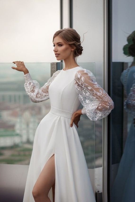 Minimalist Wedding Dress With Long Sleeves Crepe Wedding Dress A