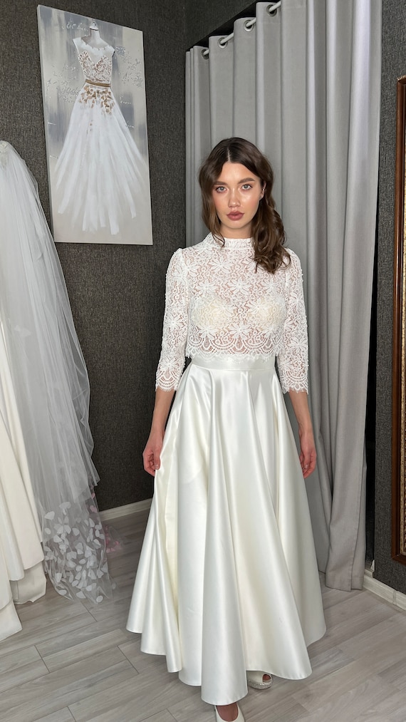 Lace Top Wedding Dresses, Long Sleeves Wedding Dresses, 2 Pieces Wedding Dresses Lace Top Wedding Dresses, Long Sleeves Wedding Dresses, 2 Pieces Wedding Dresses