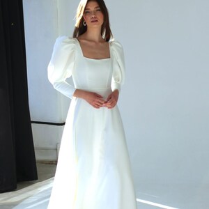 Modest Crepe Wedding Dress with Long Puffy Sleeves, Elegant Simple Bridal Gown with Buttons image 10