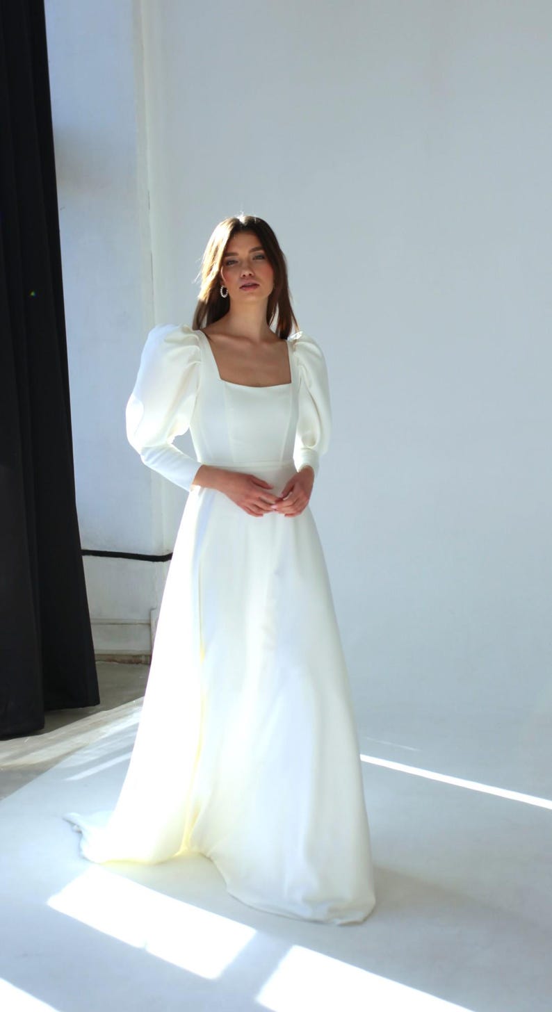 Modest Crepe Wedding Dress with Long Puffy Sleeves, Elegant Simple Bridal Gown with Buttons image 10