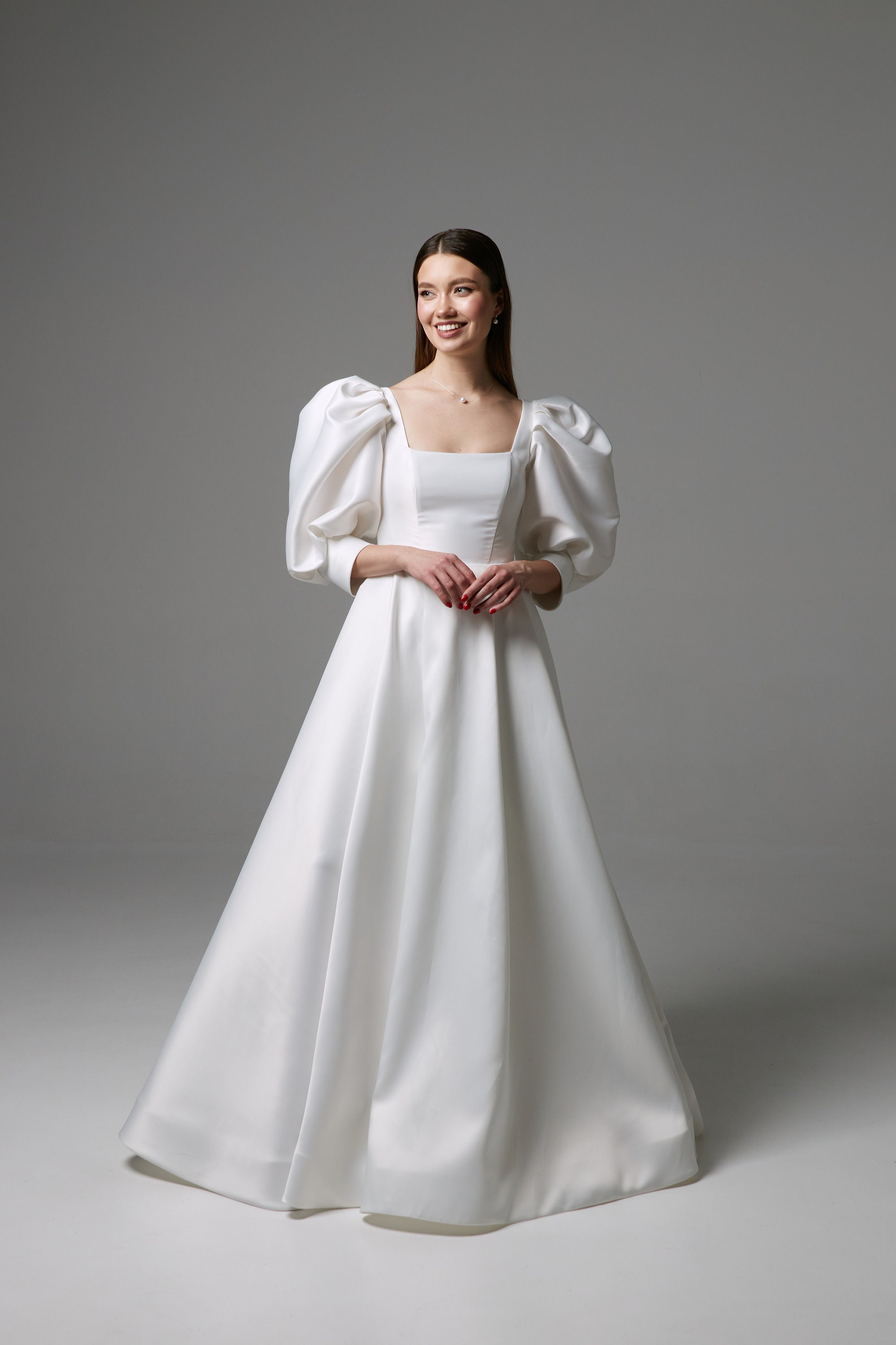 white satin puff sleeve dress Antonella Satin Wedding Dress: Puff Sleeves, V-neck, Floor Length