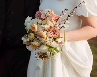 Square Neck A-line Modest Wedding Dress, Open Back, Minimalist Crepe Bridal Gown, Puffy Sleeves