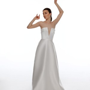 Simple Satin Wedding Dress: Plunge Neck, Strapless A Line Bridal Gown with Bow, Custom