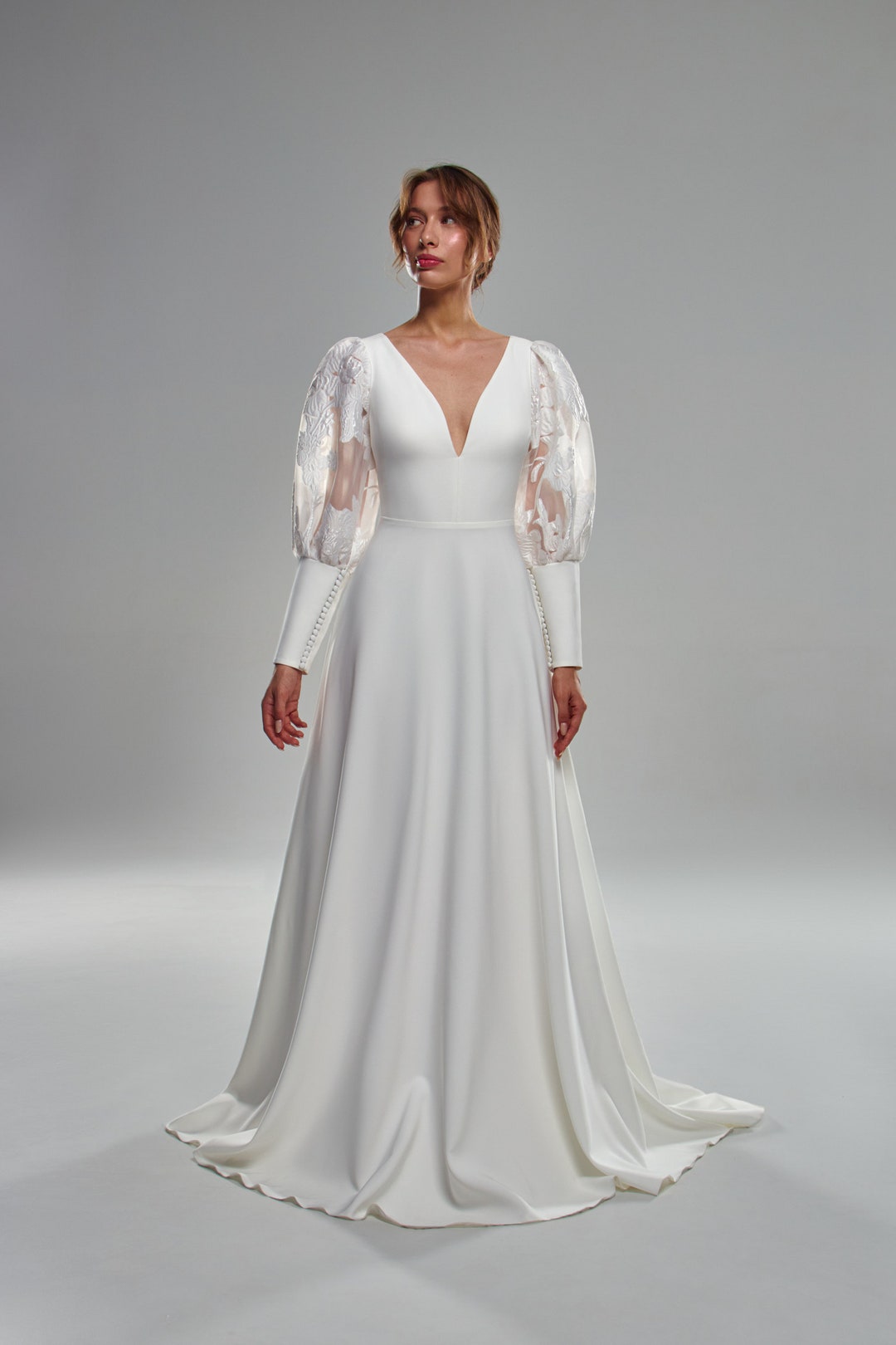 Luxury A Line Wedding Dress White Color With Sexy V Neckline Full Sleeve Bridal Dress Backless
