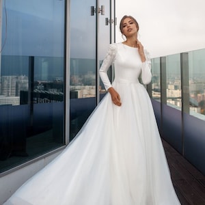 Crepe Long Sleeve Wedding Dress, Modest A-line Wedding Dress With Embroidery, Boho Wedding Dress Barbie