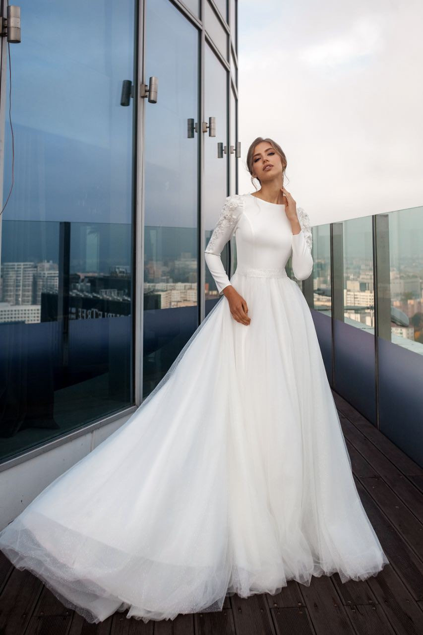 Long Sleeve White Lace Tulle Muslim Wedding Dress - VQ