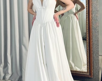 Ivory Satin Corset Wedding Dress: Vintage Inspired Low Waist Strapless Bridal Gown