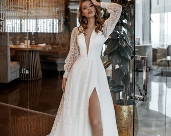 Vestido de novia sexy, vestido de novia Boho, vestido de novia de línea A, vestido de novia único, vestido de novia Shimmer, vestido de novia de manga larga