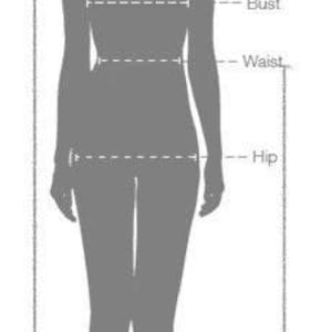 May include: Diagram showing how to measure a person's full height, bust, waist, hip, and skirt length. The measurements are taken from head to floor, across the bust, around the waist, around the hips, and from the waist to the floor.