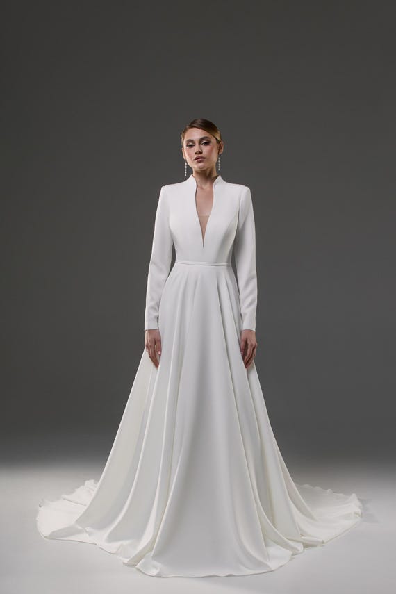 A-line Crepe Wedding Dress, High Collar, Long Sleeve Bridal Gown - Etsy
