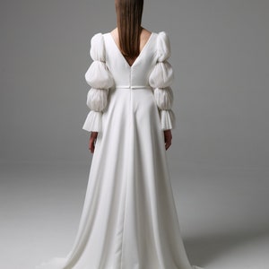 Modest wedding dress with puffy sleeves, minimalist dress, boho wedding dress v neck open back, bohemian bridal gown pleated sleeves image 7