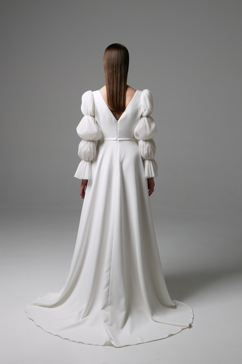 Modest wedding dress with puffy sleeves, minimalist dress, boho wedding dress v neck open back, bohemian bridal gown pleated sleeves image 7