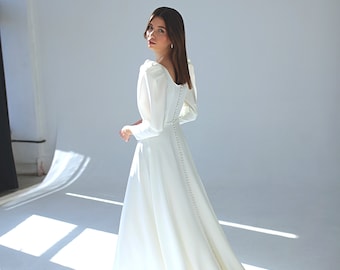 Crepe A-Line Wedding Dress: Long Sleeve Minimalist Bridal Gown, Square Neck, Button back