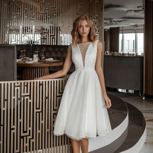 Midi wedding dress with Plunge neckline, Open back dress, Reception dress, Sparkle bridal gown, Civil wedding dress Sindy