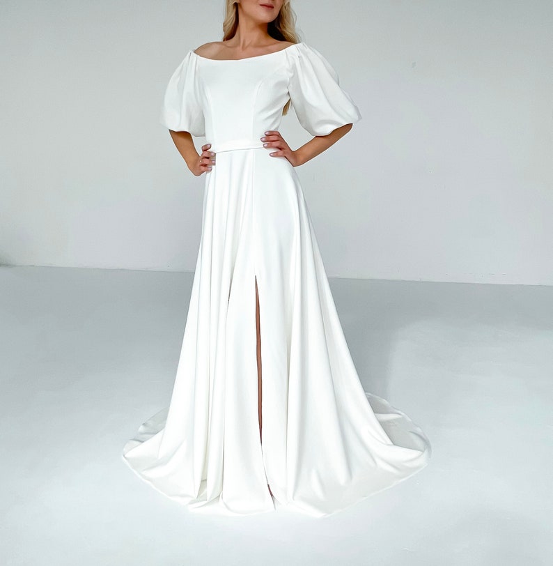 Minimalist wedding dress, off the shoulder wedding dress with a slit, simple wedding dress, winter crepe wedding dress long sleeve image 1