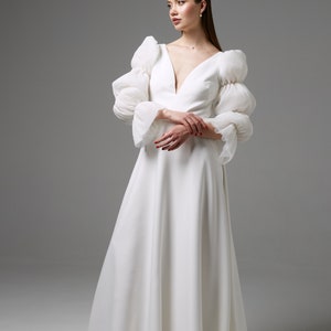 Modest wedding dress with puffy sleeves, minimalist dress, boho wedding dress v neck open back, bohemian bridal gown pleated sleeves image 2