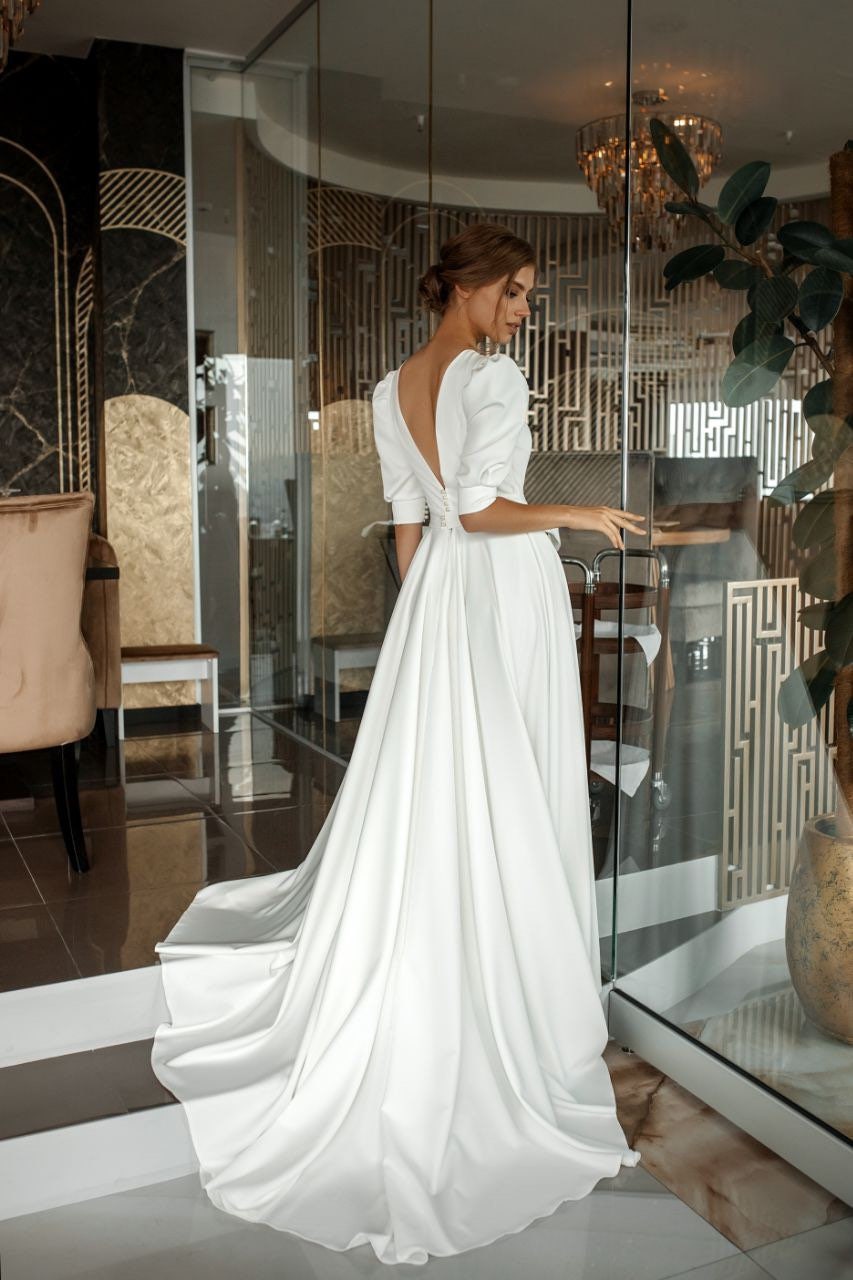 Minimalist Wedding Dress With Long Sleeves, Crepe Wedding Dress A-line,  Sequin Wedding Dress, Winter Wedding Dress, Boho Bridal Dress 