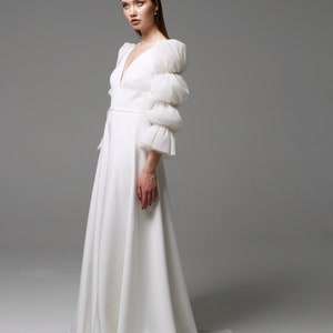 Modest wedding dress with puffy sleeves, minimalist dress, boho wedding dress v neck open back, bohemian bridal gown pleated sleeves image 3