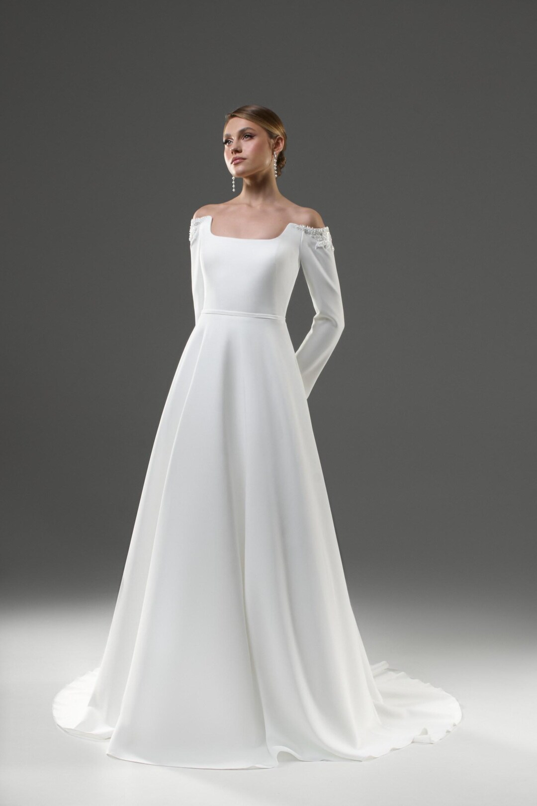 Off-shoulder A-line Gown, Crepe Wedding Dress, Modern Wedding - Main Image