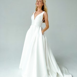 Elegant royal crepe wedding dress, Classic A-line dress, Open back Simple wedding dress dress Alexandra