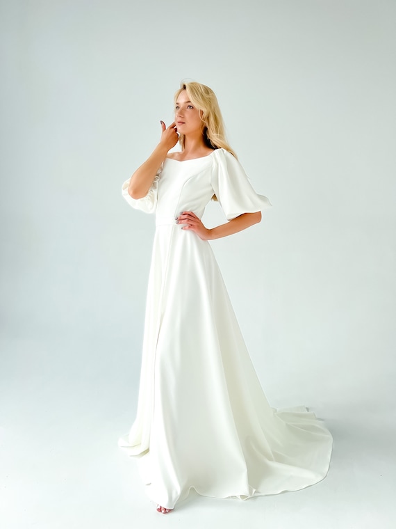 winter white a line dress Elegant A-line Wedding - Off-the-shoulder, Bell Sleeves, Minimalist Cover-up Ball Gown Color:Pink How to Use Boob Size:9-10 Years (150cm) including weekends