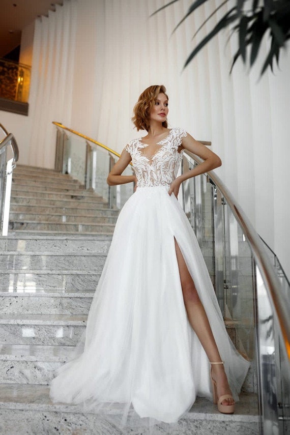 Slit Wedding Dress, Lace Wedding Dress, Tulle Wedding Dress