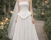 Dramatic Renaissance Wedding Dress: Ivory Satin Peplum Corset Top, Pleated Skirt Bridal Set