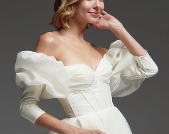 Off-Shoulder Wedding Corset, Long Puffy Sleeves, Pointy Cat Eye Bridal Top, Custom Drop Waist